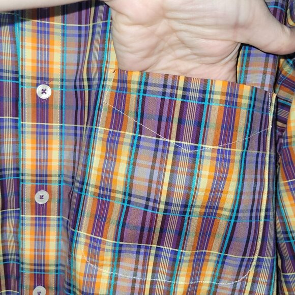Alan Flusser Shirt Mens L Purple Yellow Plaid Cotton Pocket Preppy Office Casual - Picture 4 of 11